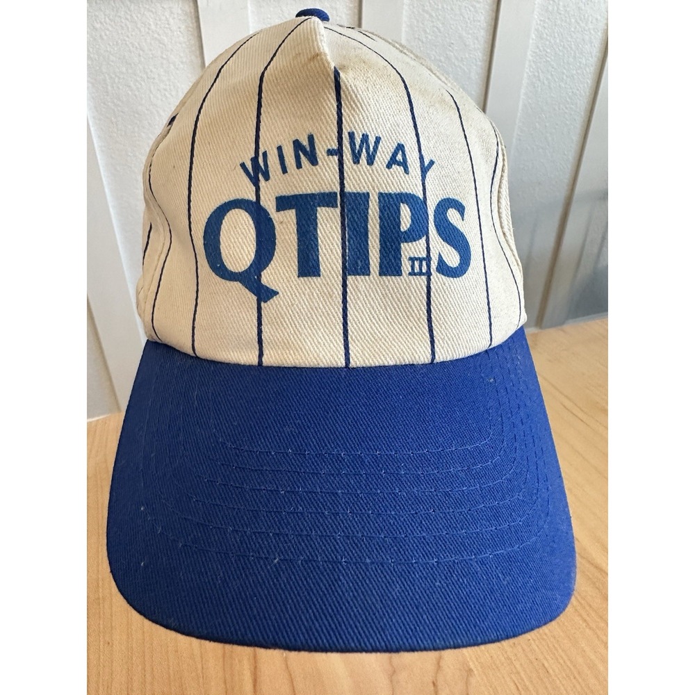 Vtg 90s Win-Way Q-tips Promotional Baseball Cap Hat Trucker Pinstripe Blue Cream